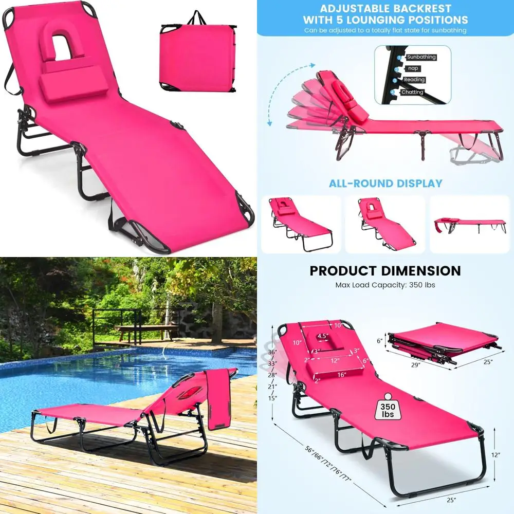

Adjustable Folding Chaise Lounge Chair for Beach with Face Hole, Washable Pillow, Carry Strap, Supports Up to 350lbs