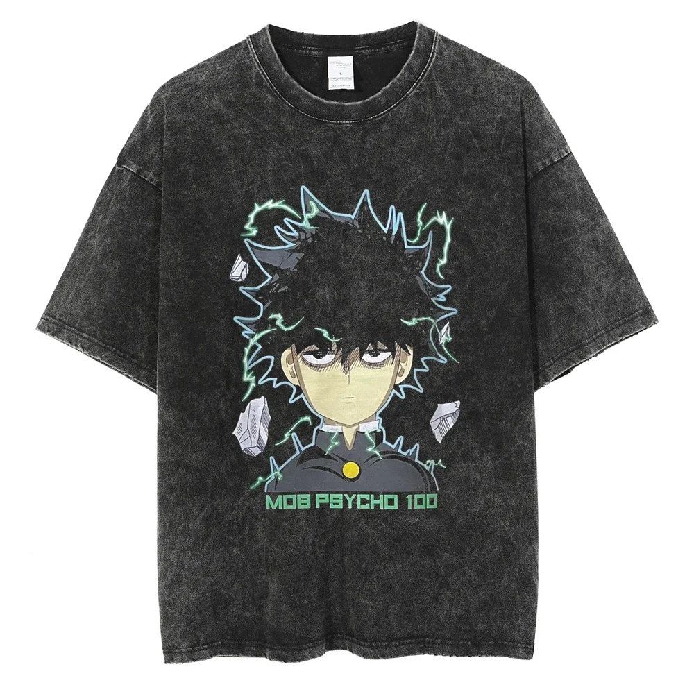 2026 summer Mob Psycho 100 Shigeo Kageyama Washed Anime T-shirt Harajuku Streetwear Oversized Short Sleeve Tee view 3