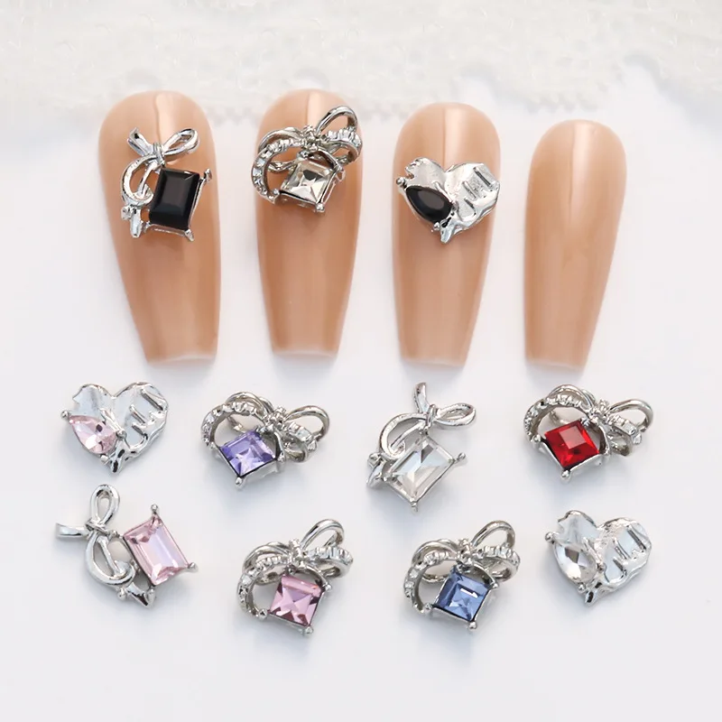 10PCS Luxury Alloy Bow Heart Nail Charms Parts Silver Metal Accessories For Manicure Decor Nails Decoration Supplies Material