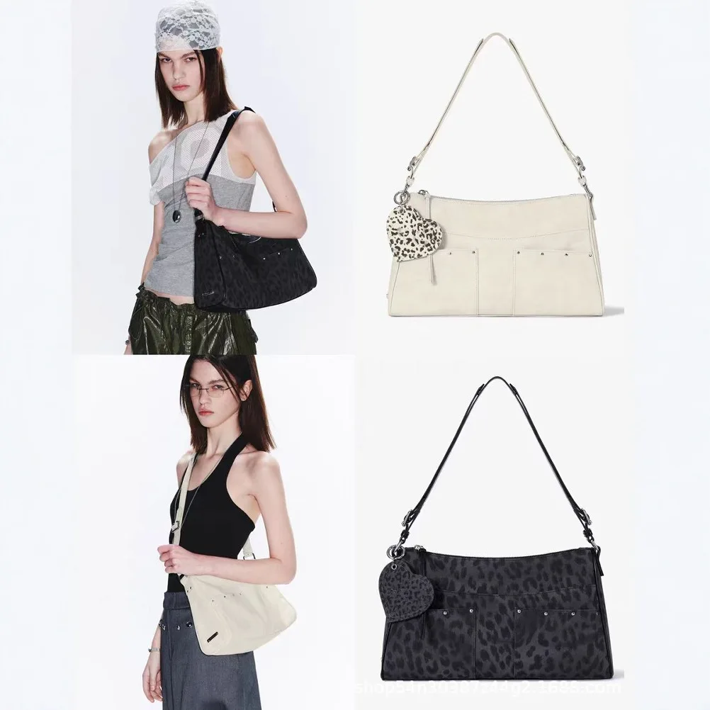 Fennec Korea 2025 Spring/Summer Large-Capacity Leopard Print Commuter Crossbody Bag with Heart Charm and Studs