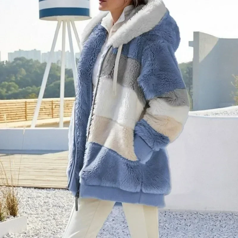 Jaqueta de grandes dimensões para as mulheres 2024 novo outono inverno quente bolso de pelúcia com capuz streetwear solto senhora outerwear casaco