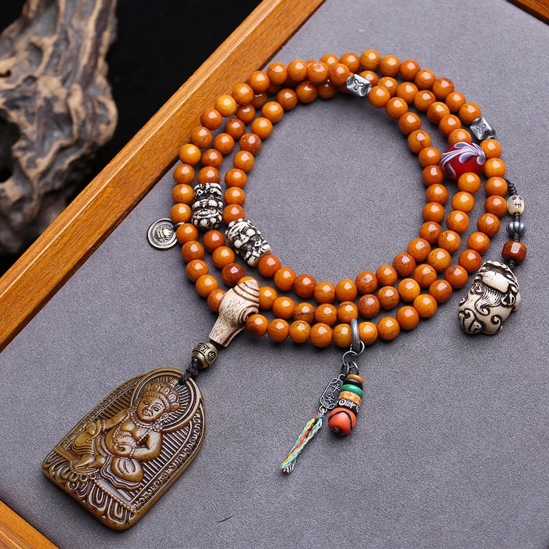 108- Buddhist Prayer Beads Made Of Yak Bone, Hand-Held God Of Wealth Pendant, Buddha Amulet, Glass Mani Bead Accessory