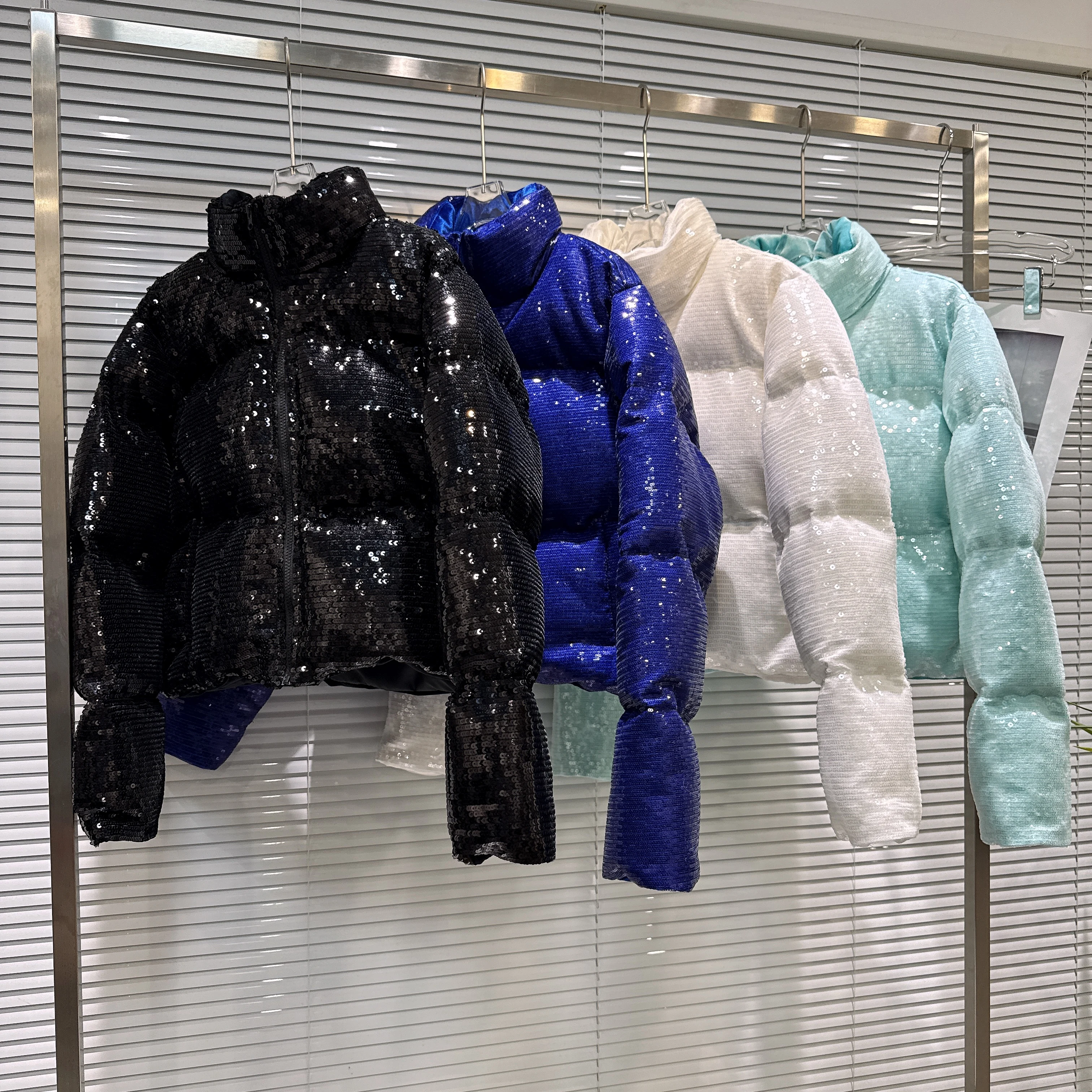 2025 Winter Shiny Sequins Puffer Coat Women Stand Collar Warm Cotton Jacket Straight Cut