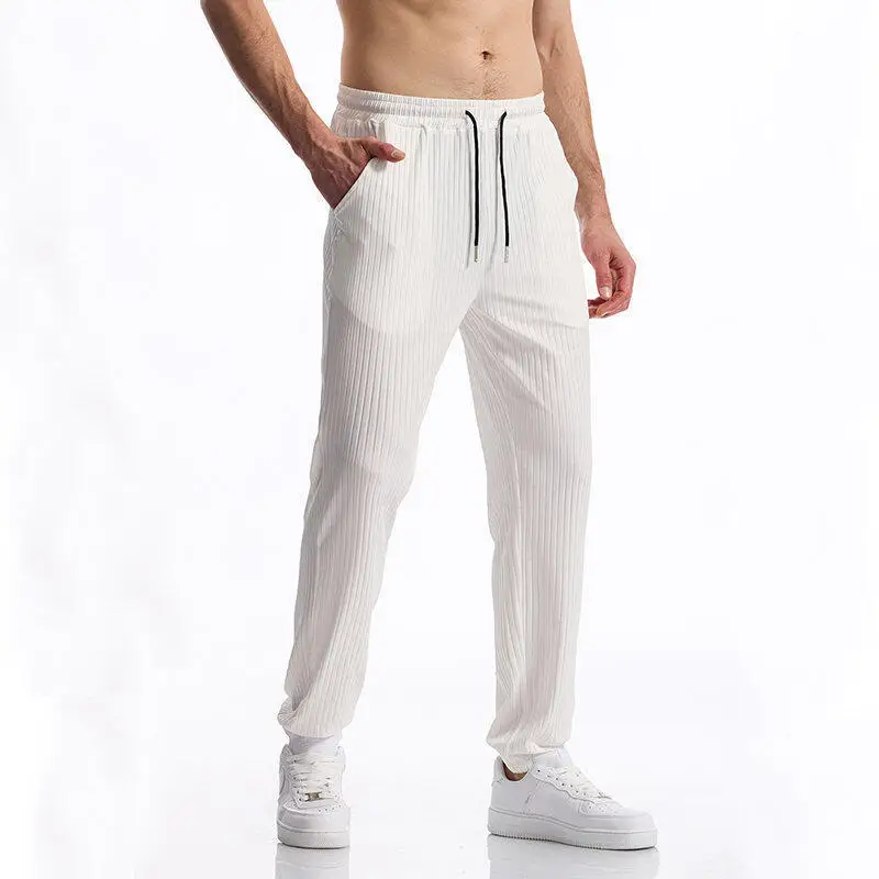 

Summer Men's Silky Ribbed Fabric Casual Pants Solid Color Thin Draped Jogger Pants