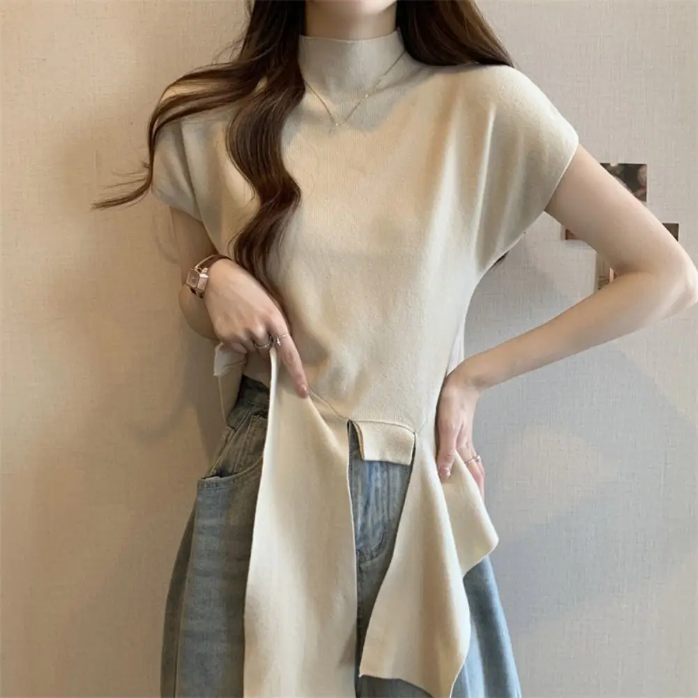 

Lace Up Short Sleeve T-shirt Kintwear Slim Fit Y2K Crop Top Women Bottoming Shirt Simple Half High Collar Tees Top Streetwear