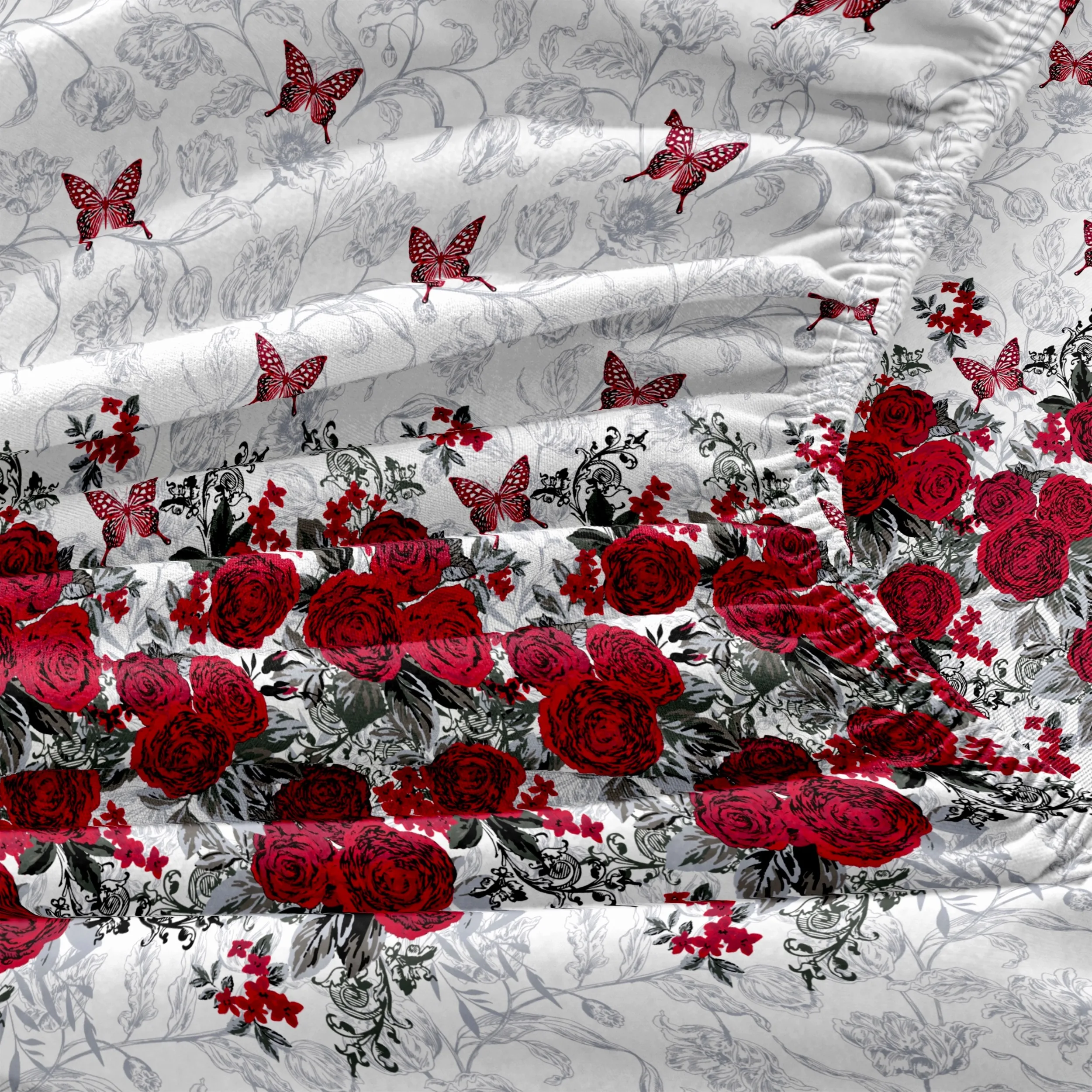 Red Small Butterfly + Red Rose Cluster French Romantic Digital Print Three-Piece Fitted Sheet Set, Three-Piece Bedding Set (Including 1 Fitted Sheet + 2 Pillowcases), 3-Piece Set, Large Deep Pocket 2D Printed Fitted Sheet and 2 Pillowcases, Fitted Sheet Style with Elastic Band, Protective Cover, Mattress Protector, Suitable for All Seasons, Machine Washable Design, Holiday Decoration, Various Sizes, Breathable Protective Cover Plus Pillowcase view 6