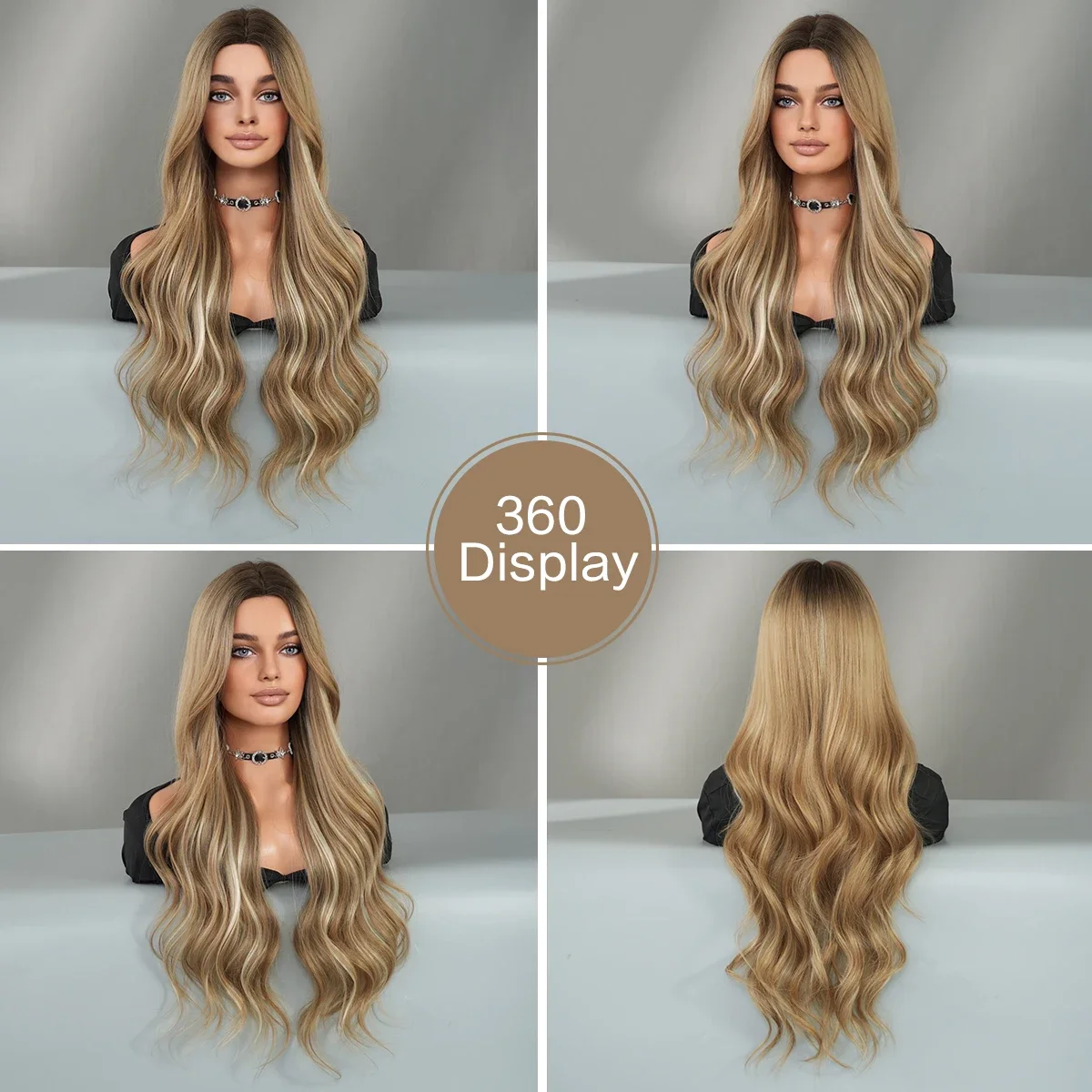 Picture 6: PARK YUN Long Curly Light Brown Wig for Women Daily Party Cosplay Highlight Blonde Synthetic Loose Body Curly Wigs with Bangs