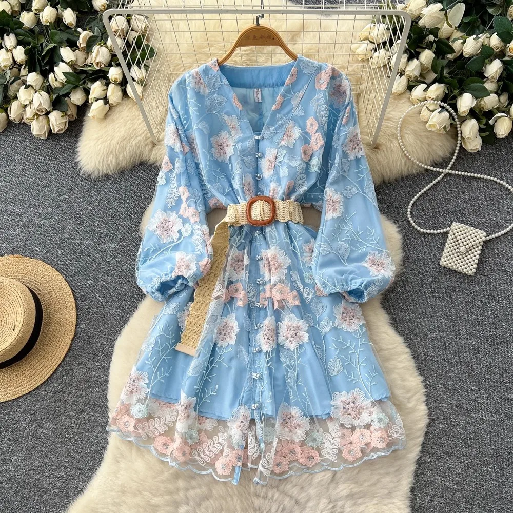 

2025 Spring Summer Women Dress Runway V-Neck Long Lantern Sleeve Pearl Buttons Flower Embroidery Mesh Lace Mini Vestidos