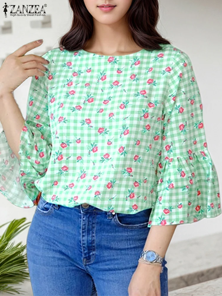 ZANZEA Damskie Bluzki z Falbankami Vintage Krata Krótki Rękaw Letnie Bluzki Boho Bluzki 2025 Oversize Luźne Bluzki z Nadrukiem