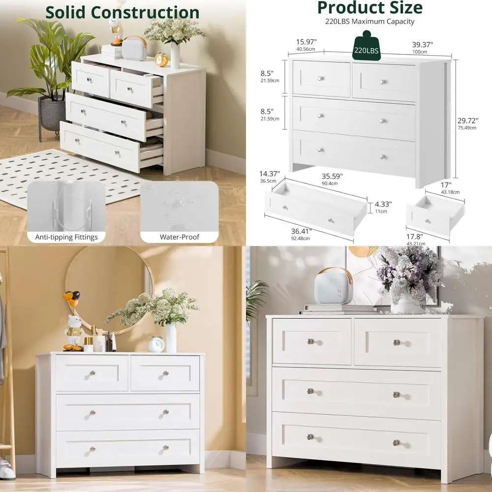 

Шкаф для хранения из белого дерева с 4 ящиками, шириной 40 дюймов, для спальни, гостиной и домашнего офиса