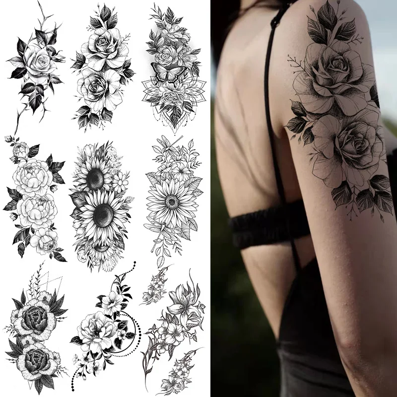 1PC Dark Style Dry Rose Five-pointed Star Flower Black And White Snake Tattoo Sticker Suitable for Arm Sexy Chest Tattoo Sticker