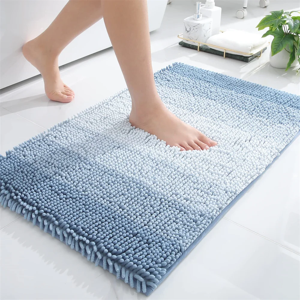 Olanly Chenille Striped Bathroom Rug Mat Extra Thick Absorbent Bath Rug Non-Slip Soft Plush Shaggy Bath Carpet Machine Wash Mats