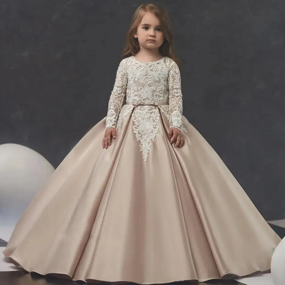 

Dusty Pink Satin Flower Girl Dress for Wedding Lace Appliques Full Sleeves Elegant Pageant Gown Birthday Dress First Communion