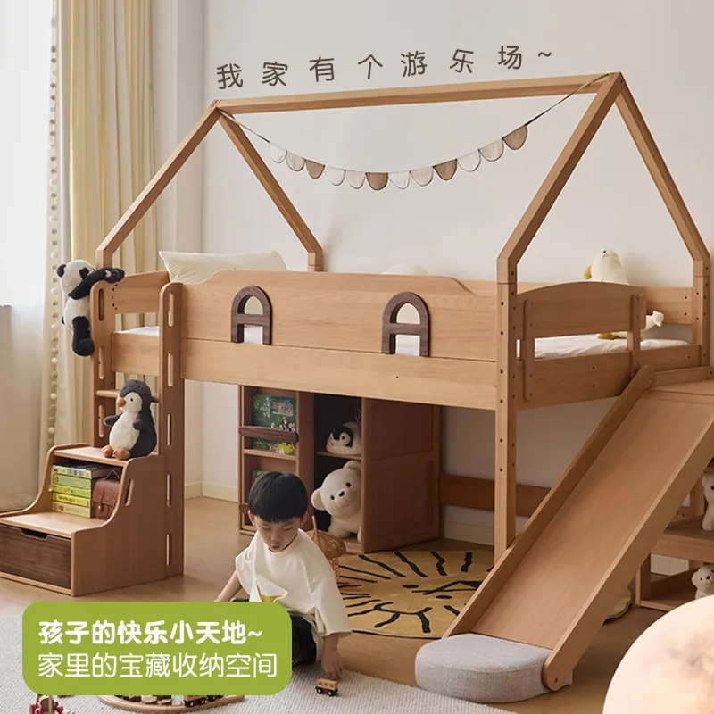 Factory Direct 2026 Nordic beech half-height bed Multifunctional combination slide bed Children's 1.2m wide chalet half-height b