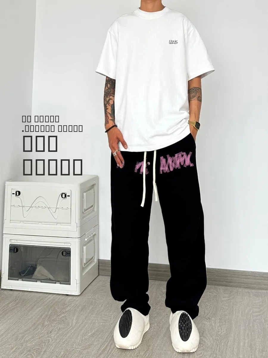 

Свободные спортивные брюки прямого кроя с завязками для мужчин, осенне-зимние, больших размеров, 300 Pou, модные повседневные брюки в стиле хип-хоп