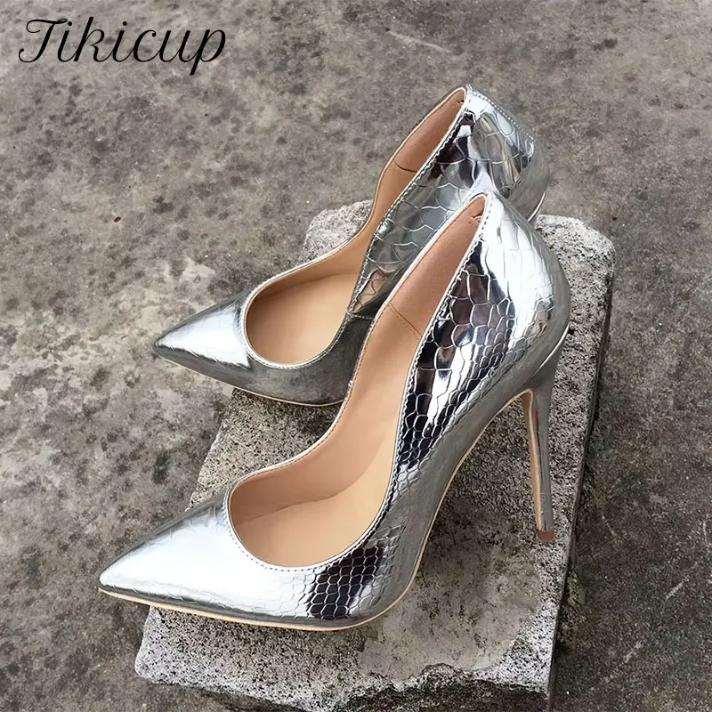 Tikicup Women Sexy Gold Silver 12cm Extreme High Heels Stilettos Shoes Ladies Pointed Toe Wedding Bridal Shallow Pumps Size45 46