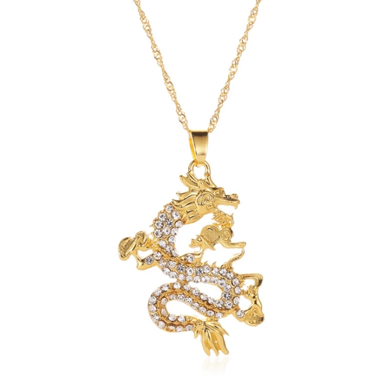 Dragon Pendant Necklaces For Women Men Gold Color Jewellery Cubic Zirconia Mascot Ornaments Lucky Symbol Gifts