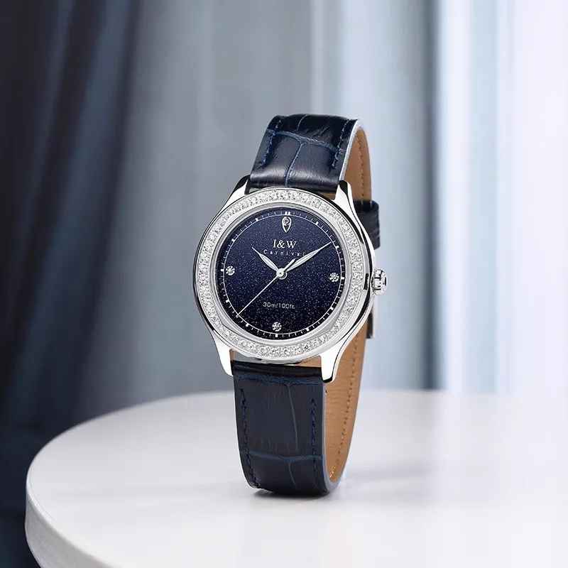 IW Fashion Diamond Blue Dial Quartz Watch Women Simple Premium Leather Strap Luxury Waterproof Ladies Watch Relogio Feminino