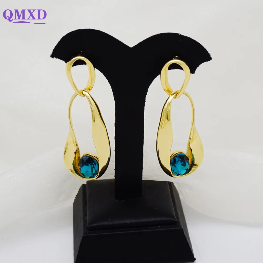 Fashion Jewelry Hanging Long Drop Dangle Earring For Women Personality Blue Rhinestone Crystal Copper Earrings Statement Earring