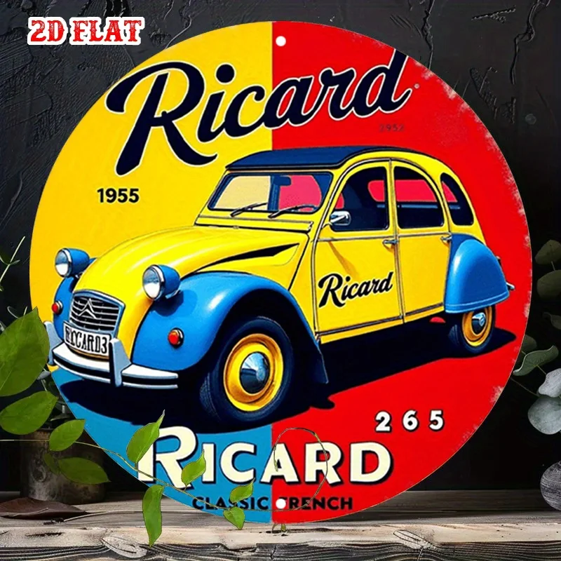 1 Stück Ricard Oldtimer-Metallblechschild, runde Aluminium-Wandkunst mit klassischem gelbem und blauem Design, rustikale Heimdekoration für die Garage
