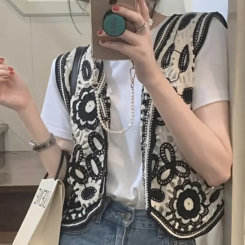 

Vintage Hollow Out Knit Tank Tops Women Colorblock Korean Fashion V Neck Floral Camisole Female Beach Style Crop Top Cardigan