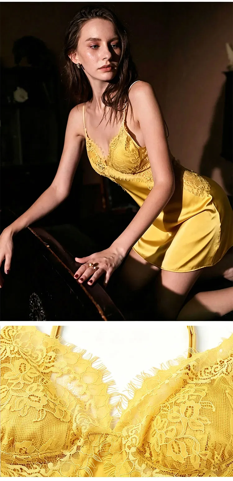 Camisón de satén con encaje para mujer, cuello en V, tirantes finos, sin espalda, lencería elegante para dormitorio