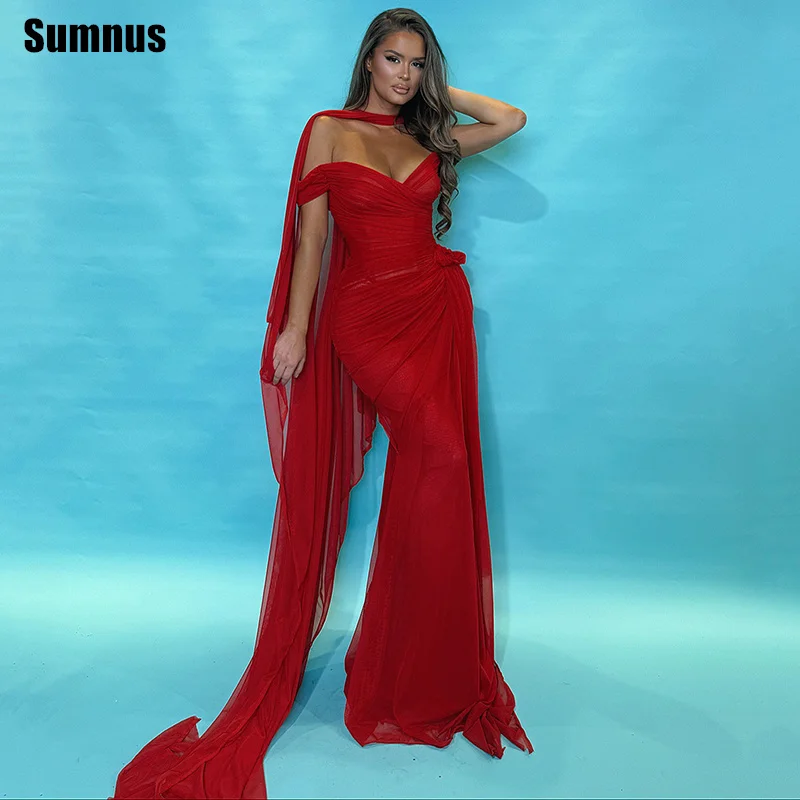

Sumnus Elegant Mermaid Red Evening Dresses One Shoulder Pleats Formal Dresses With Cape فساتين سهرة Customized