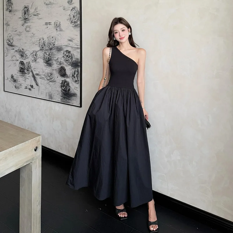 

Slant Shoulder Sleeveless Patchwork Dress for Women's Summer Slim Fit Pleated A-line Long Dress Fashion Female Clothes