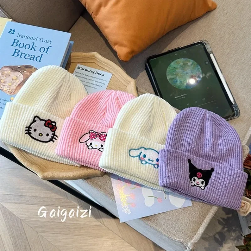 

Hello Kitty Cinnamoroll Anime Kawaii MINISO Ins Children Hat Cute Cartoon My Melody Knitted Windproof Warm Cap Gifts for Kids