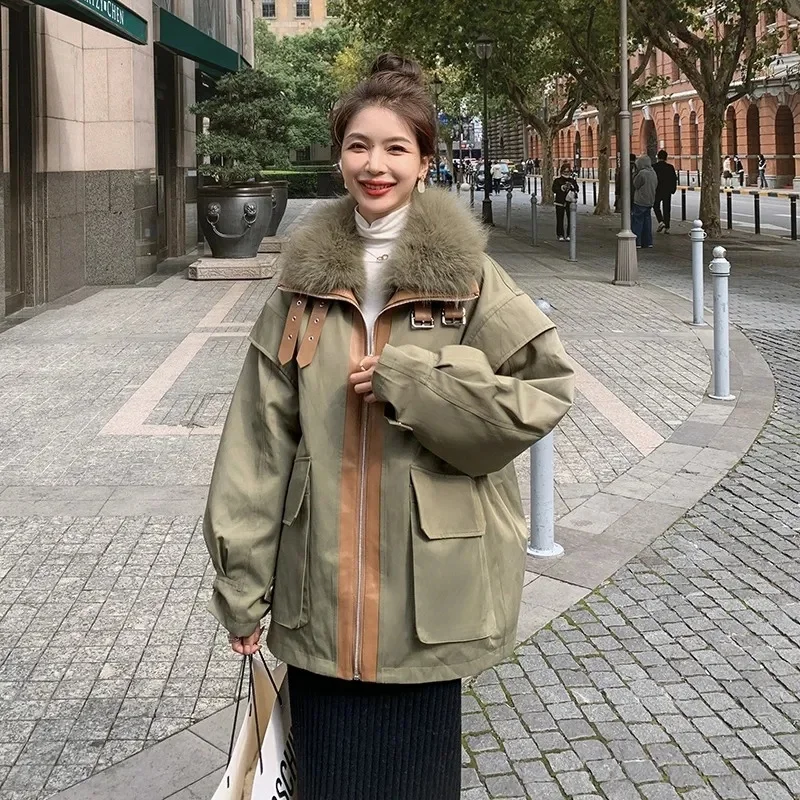 High end black parka cotton jacket for women's winter 2025 new plush and thickened large fur collar Wool Liner cotton jacket j