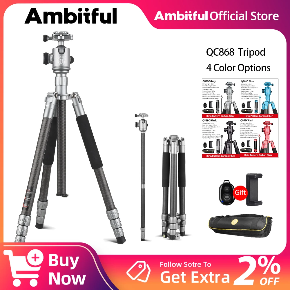 QZSD Q868C trépied monopode professionnel en Fiber de carbone pour voyage appareil photo reflex numérique léger Compact 160CM support Portable 15kg charge maximale