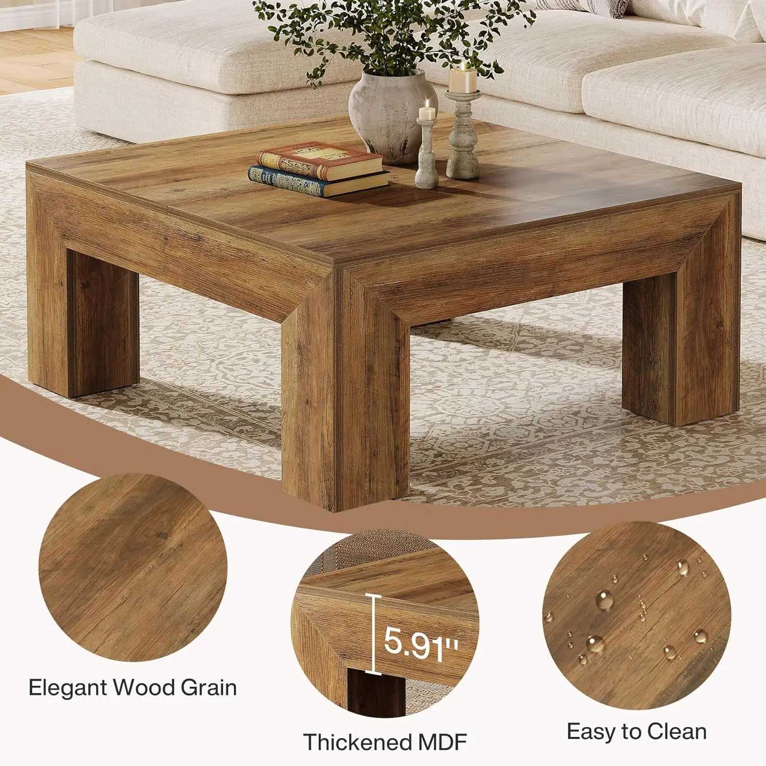 CoffeeTable Rustic Brown - Farmhouse All MDF Accent Center Cocktail Table with Sturdy Wooden Legs, Easy Assembly for Living Room