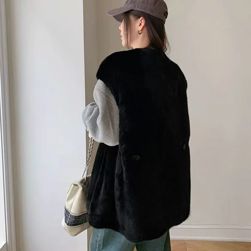 Tagkita Women's Faux Mink Vest Thiened Cotton Loose Fit V-Ne Sle Stand Edition Polyester Fiber Winter Season New Arr...