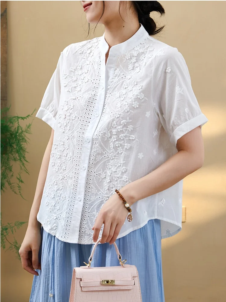 

New Summer Hollow Three-Dimensional Embroidery V-Neck Sweet Temperament Short Sleeved Cotton Shirt Top