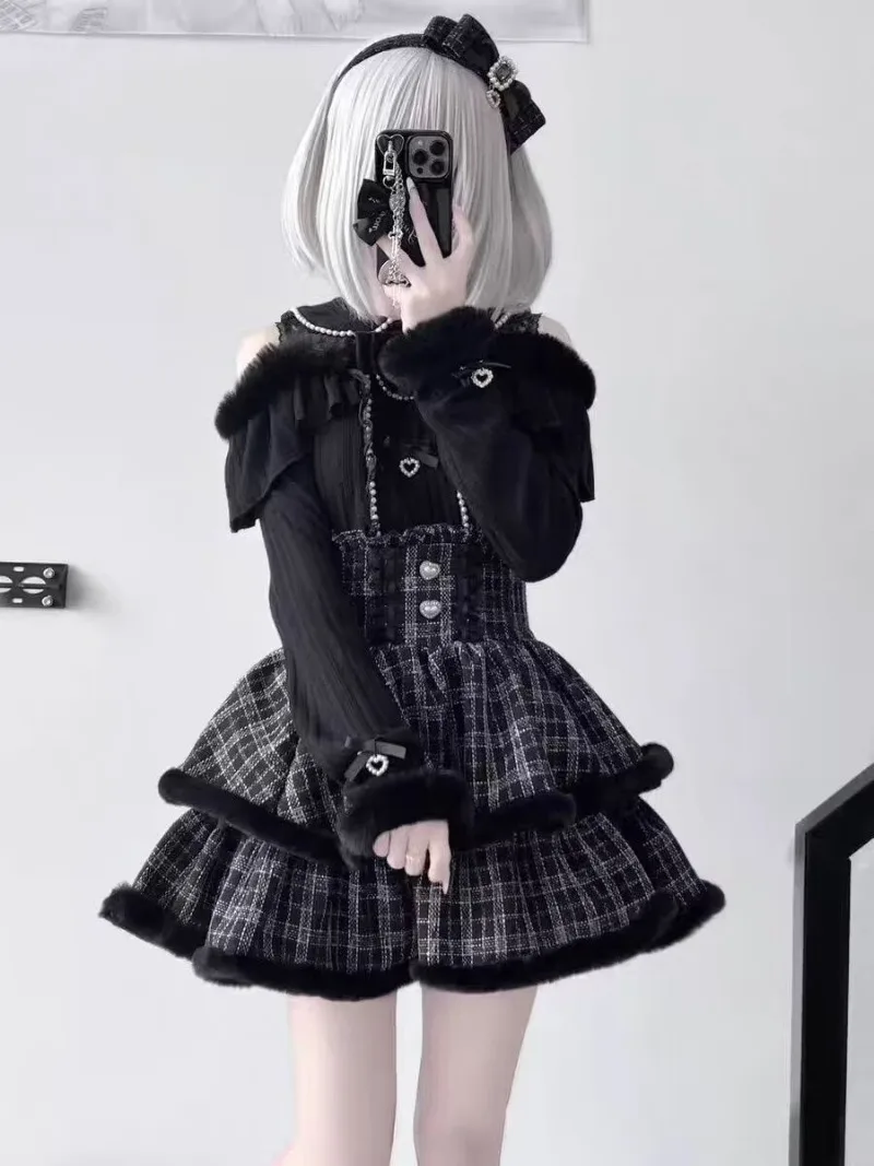 

Japanese Gothic Skirt Set Women Sweet Faux Fur Off Shoulder Bow Blouse Y2K Tops Lolita Plaid High Waist Skirt Theme Party Suits