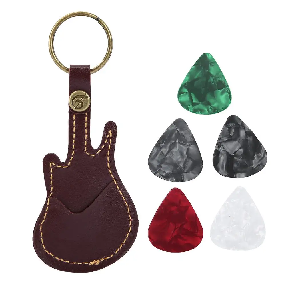 

Leather Guitar Pick Holder Case with Key Ring + 5 Celluloid Picks - String Instrument Bag