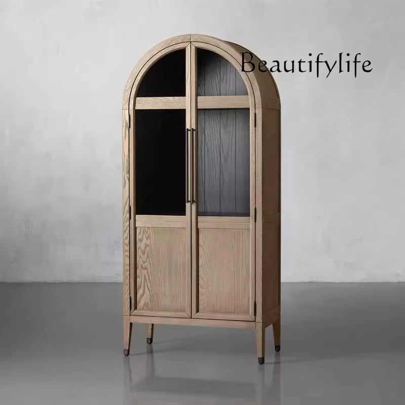 

French retro solid wood arched wine cabinet bookcase American country decoration storage foyer storage display