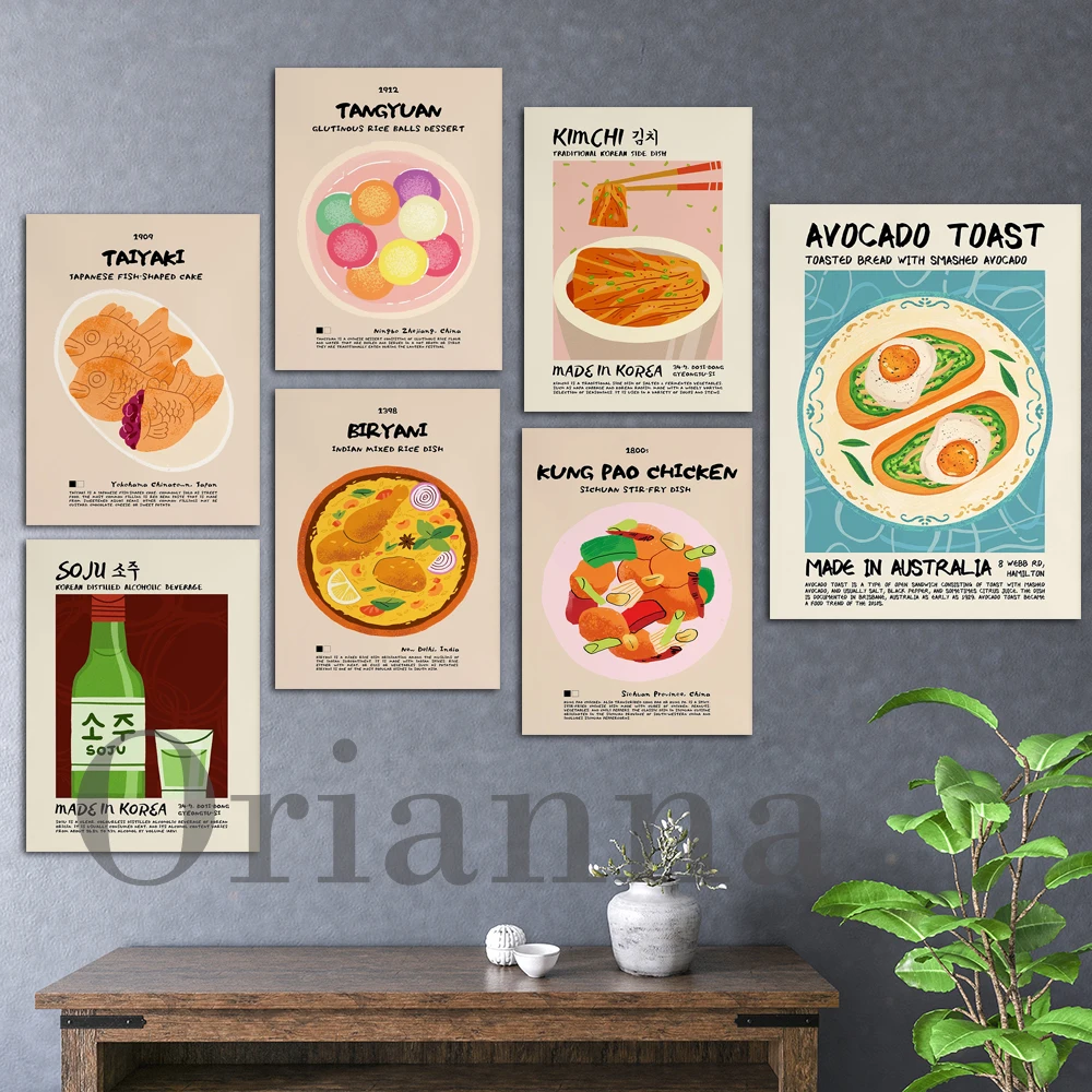 

Avocado Toast Tangyuan Biryani Soju Kimchi Kung Pao Chicken Taiyaki Asian Food Poster Retro Wall Art Modern Kitchen Decor Print