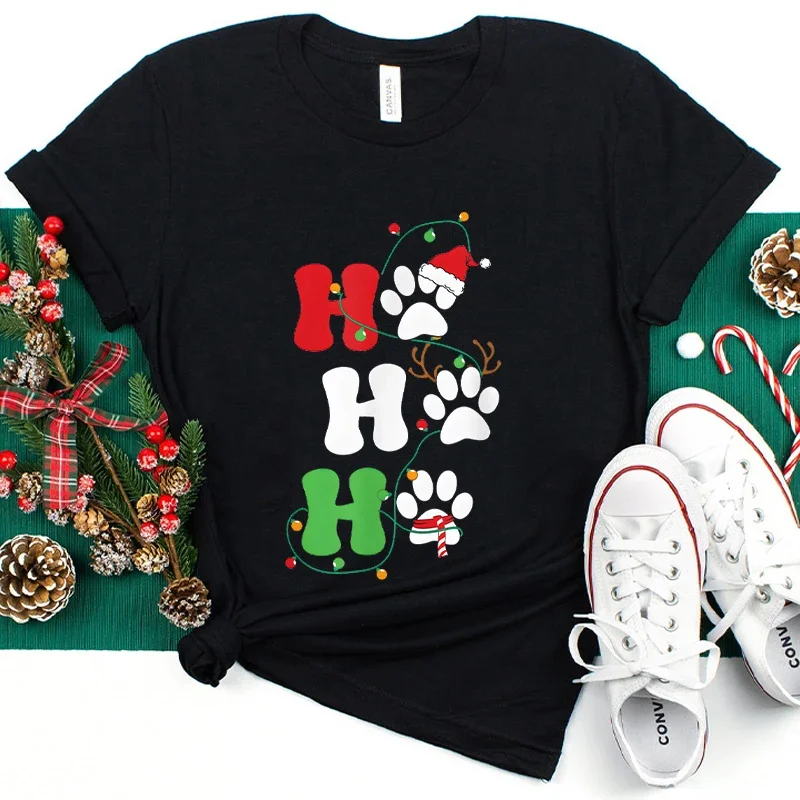 Ho Ho Ho Paw Prints Women's T-shirt Christmas Gift Simple Casual Female Clothing Short Sleeve T-shirt Funny Graphic Y2K Tops