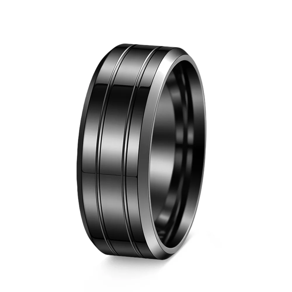 Breiter, flacher Rand, Edelstahlring, doppelter Rillen-Linearband für Herren, moderner, minimalistischer, polierter Schmuck, Ring in Goldfarbe. – Detail 6
