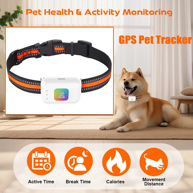 Portable GPS Tracker with Colorful LED Flash 4G Smart Pet Collar IP67 Waterproof Pedometer Dog Cat Calorie Health Data Tracker