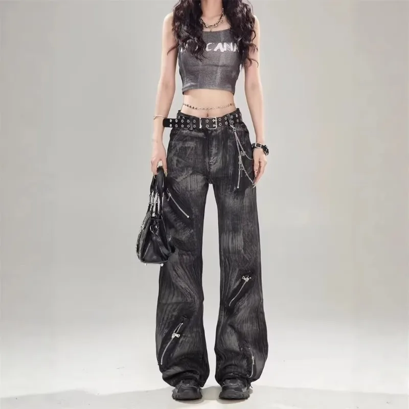 Women Y2K Black-Grey Washed Distressed Chain Decor Baggy Jeans Multi Pocket Wide Leg Denim