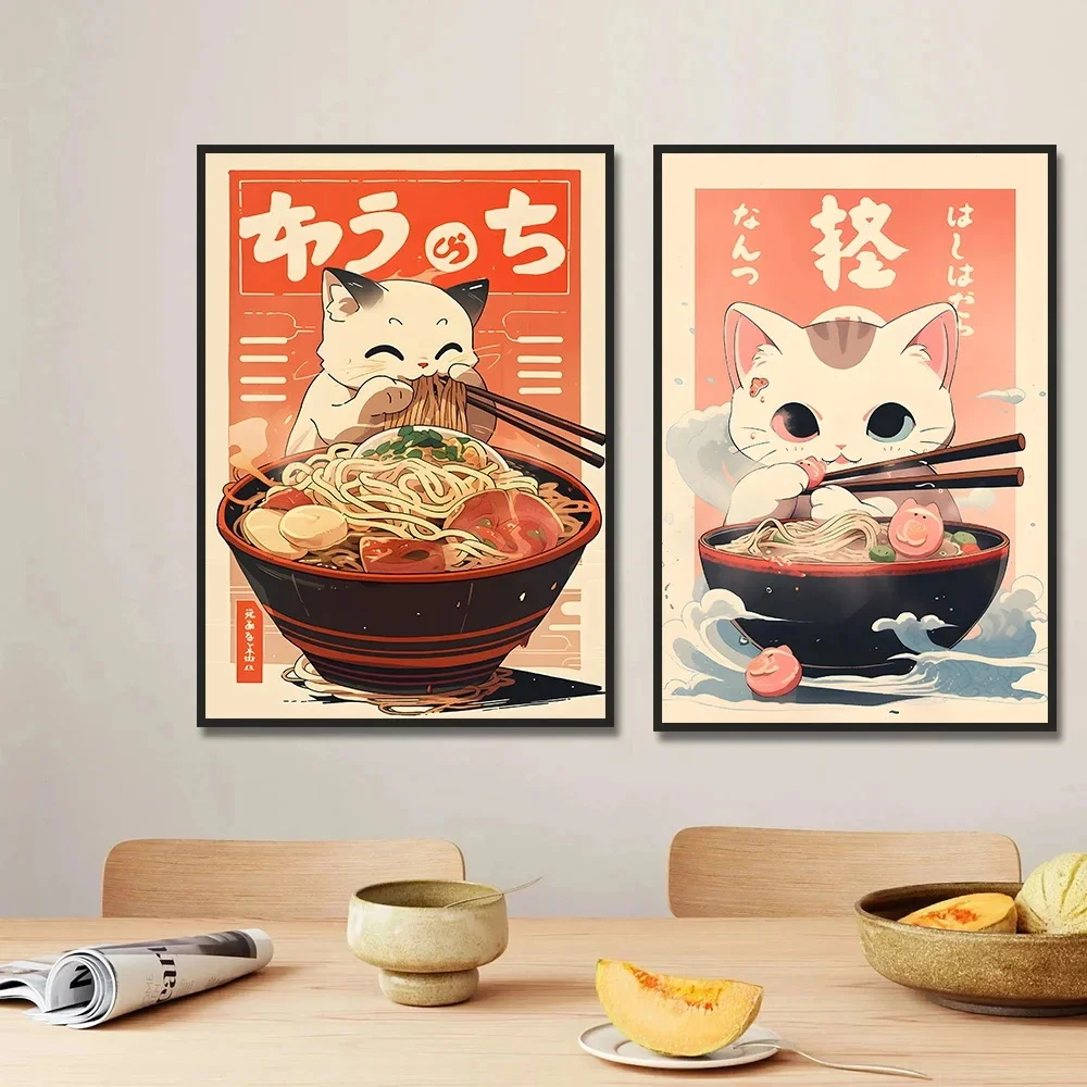 Kawaii Japanese Ramen Canvas Painting Animal Cats Noodles Food Posters and Prints Wall Pictures for Kitchen Room Home Decoration