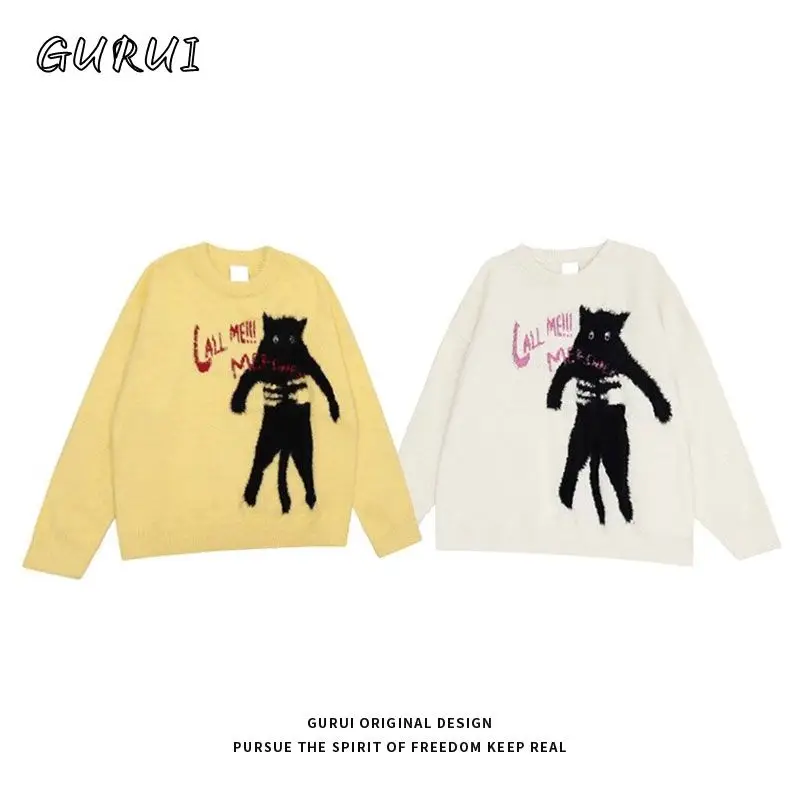 INS Funny Y2K Captured Black Cat Cartoon Sweaters Jumpers O-neck Loose Couples Kawaii Pullover Hip Hop Streetwear Winter Clothes