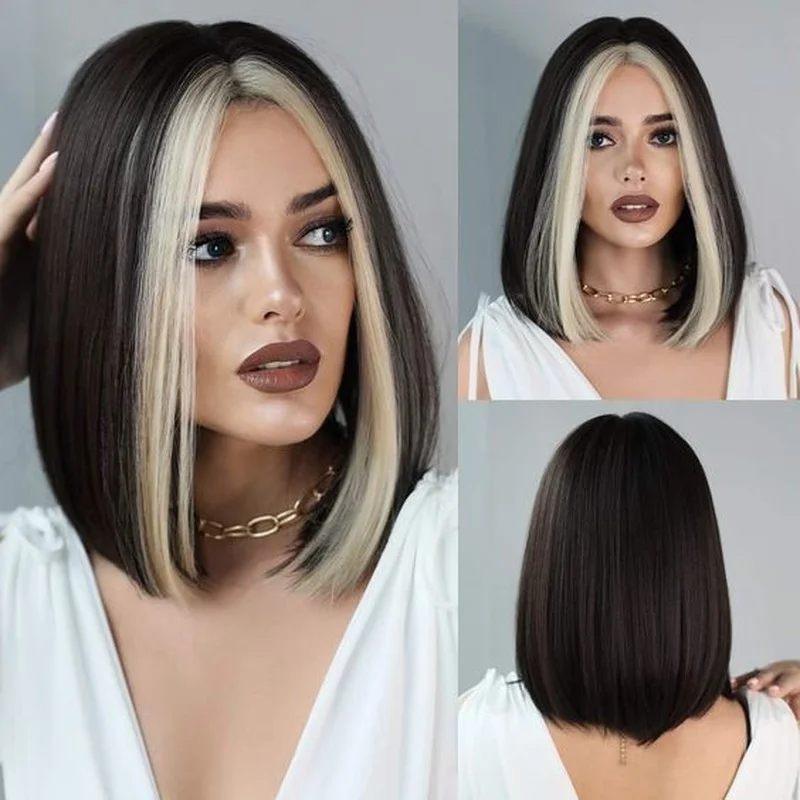 Short Bob Black Blonde Straight 100%  Hair Wig Remy Glueless Preplucked