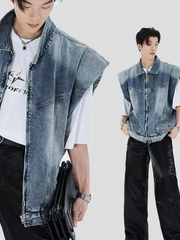 

Модный джинсовый жилет-куртка в стиле ретро с подплечниками, свободный крой, летний повседневный жилет-топ в гонконгском стиле