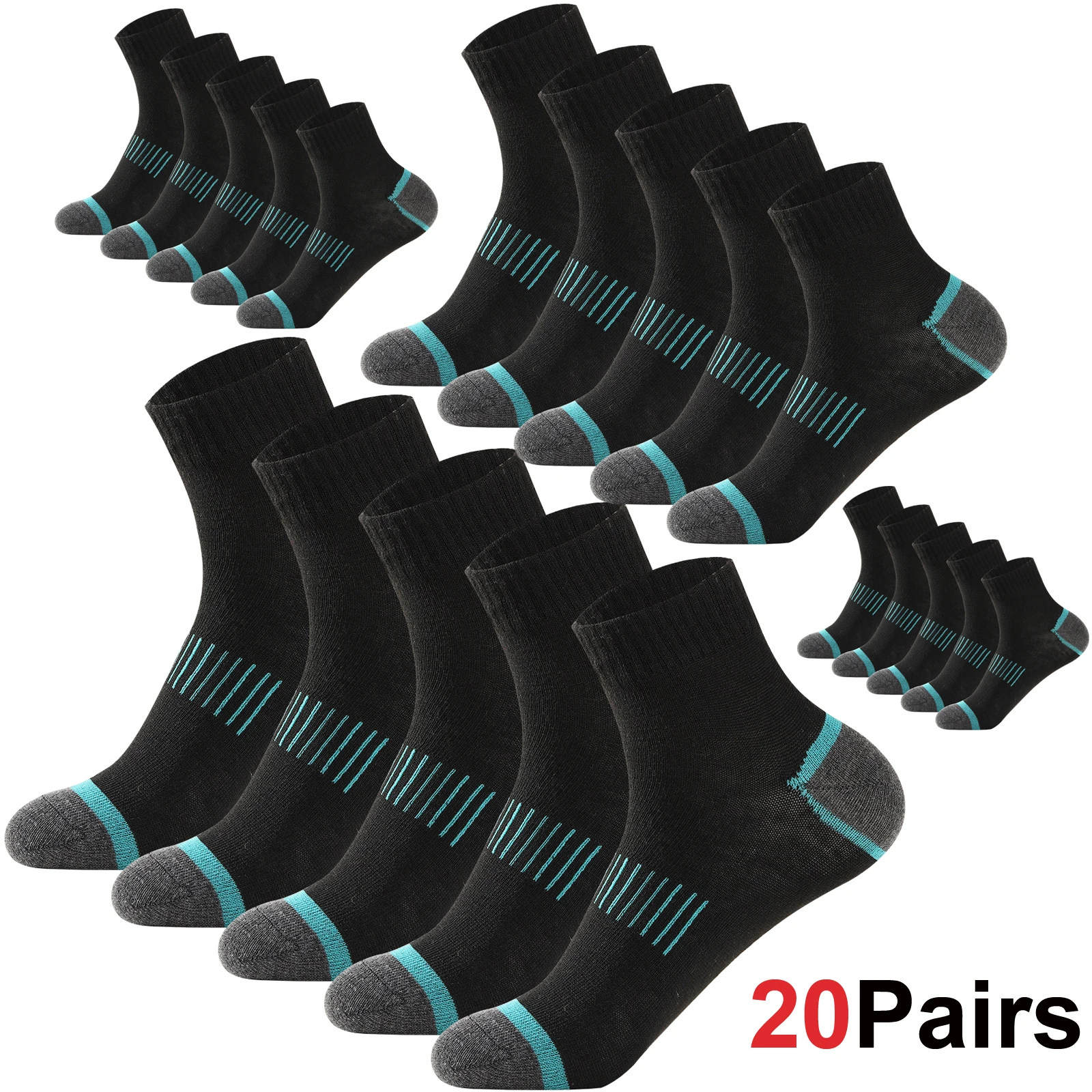 20 Paar Herren-Baumwollsocken-Set in großen Größen 38-45 – Lässige, atmungsaktive Sport- und Wintersocken in Schwarz – Bequeme, hochwertige gepolsterte Crew-Socken