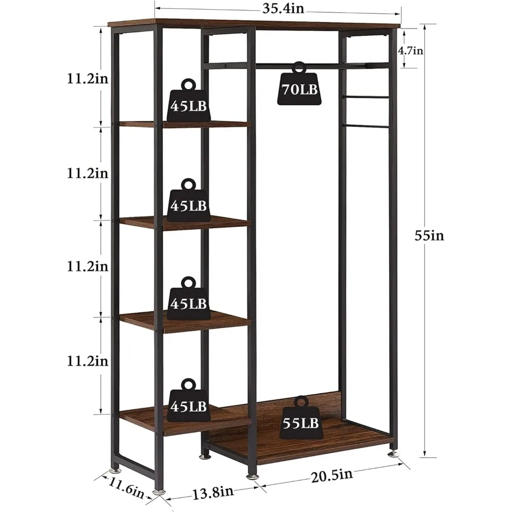 Open Garment Clothing Rack, Free-Standing Heavy Duty Storage Closet with 5 Shelves and Hanging Rod for Small Spaces