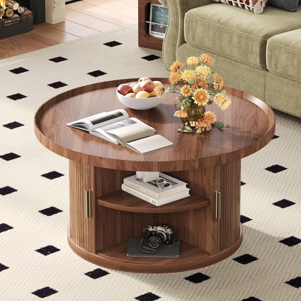 

Coee Table, 31.5" Round Coee Table with Storage & Sliding Tambour Door, luted Center Table or Living Room, Small Space, Century