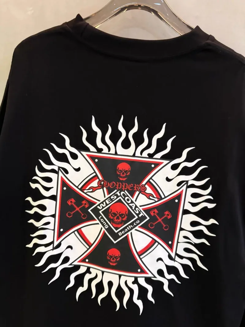 Skull Print West Coast Choppers Black Pullovers Men Women Hiphop Pure Cotton Oversized Long Sleeve T-Shirts